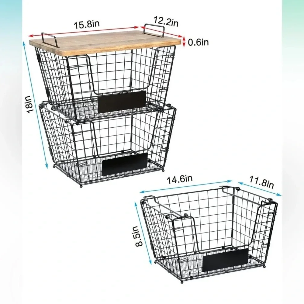NIB 2 Stackable Wire Storage Baskets with Wood Lid and Chalkboards
